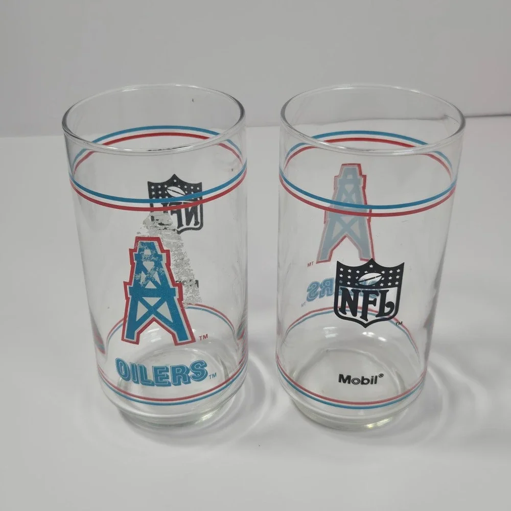 Mobil NFL Houston Oilers Glasses Vintage Set of 2 Clear Blue Red Promotional